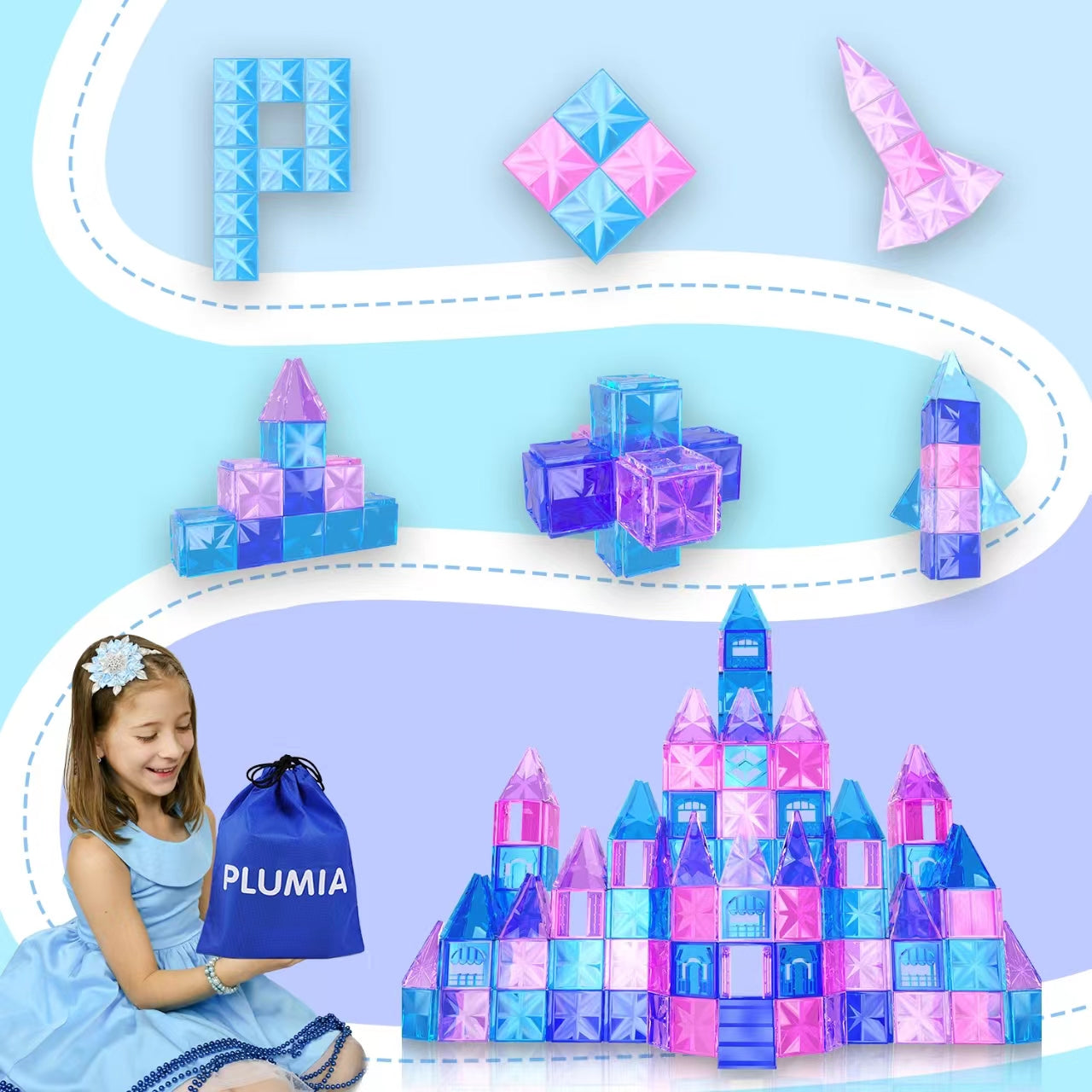 Magnetic Tiles Kids Toys Diamond Magnetic Blocks Toys for Girls Birthday Gifts Building Toys for 3 4 5 6 7 8+ Year Old Girl and Boys Blue Purple Pink Blocks Castle Princess Toys